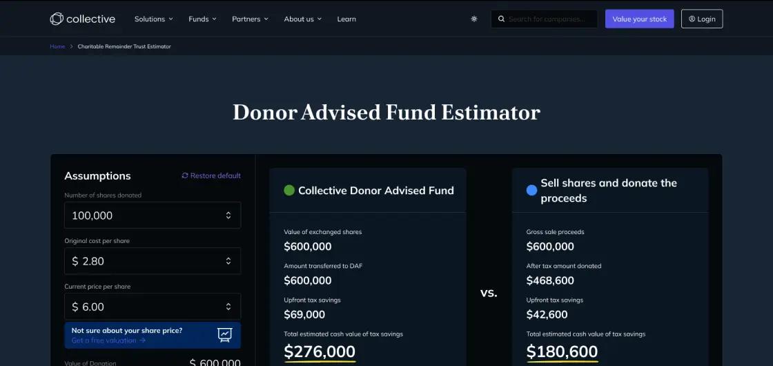 donor advised fund estimator screen shot