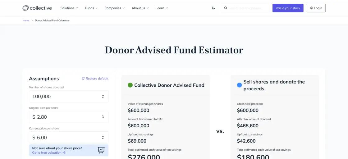 donor advised fund estimator screen shot